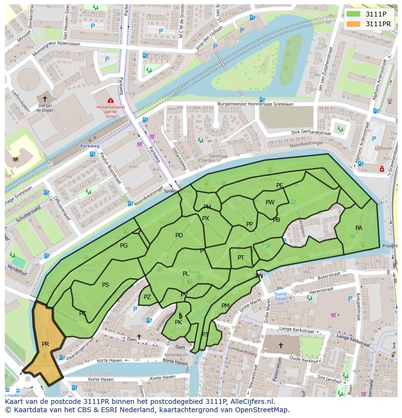 Afbeelding van het postcodegebied 3111 PR op de kaart.