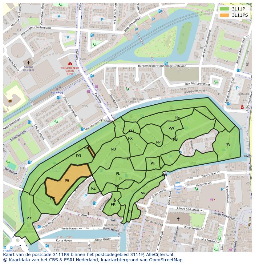 Afbeelding van het postcodegebied 3111 PS op de kaart.