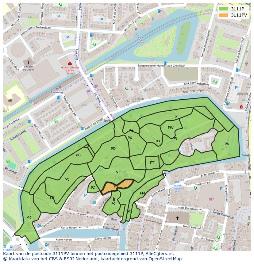 Afbeelding van het postcodegebied 3111 PV op de kaart.