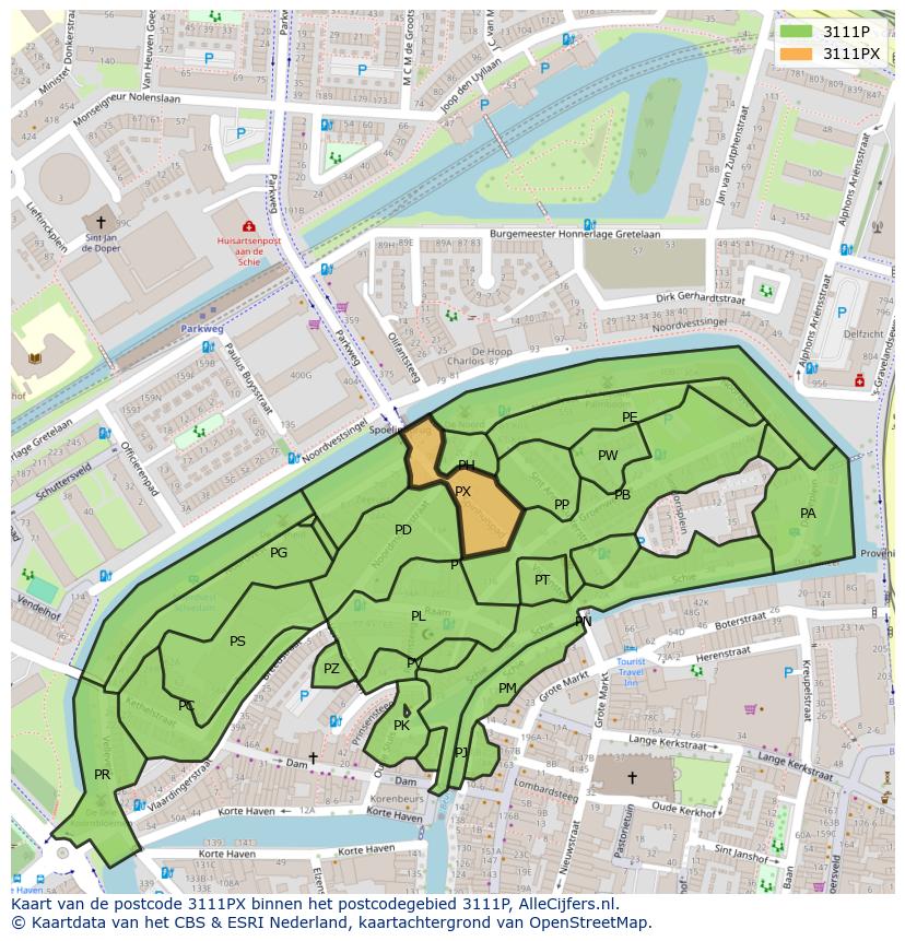 Afbeelding van het postcodegebied 3111 PX op de kaart.
