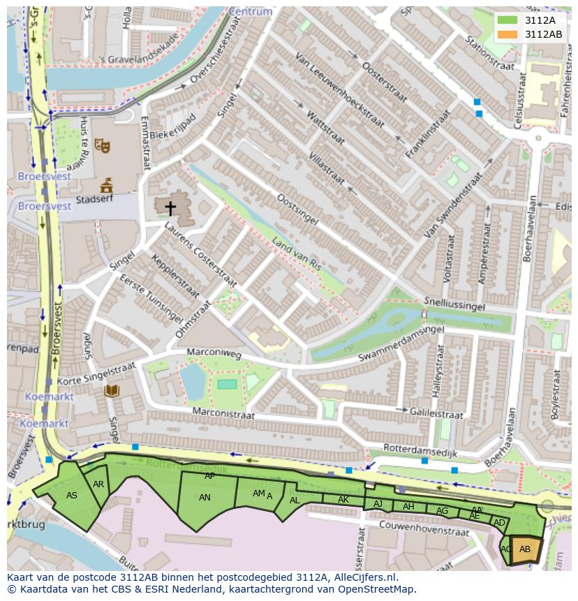 Afbeelding van het postcodegebied 3112 AB op de kaart.
