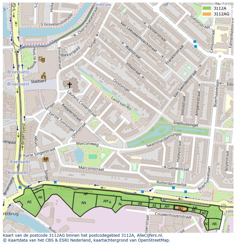 Afbeelding van het postcodegebied 3112 AG op de kaart.