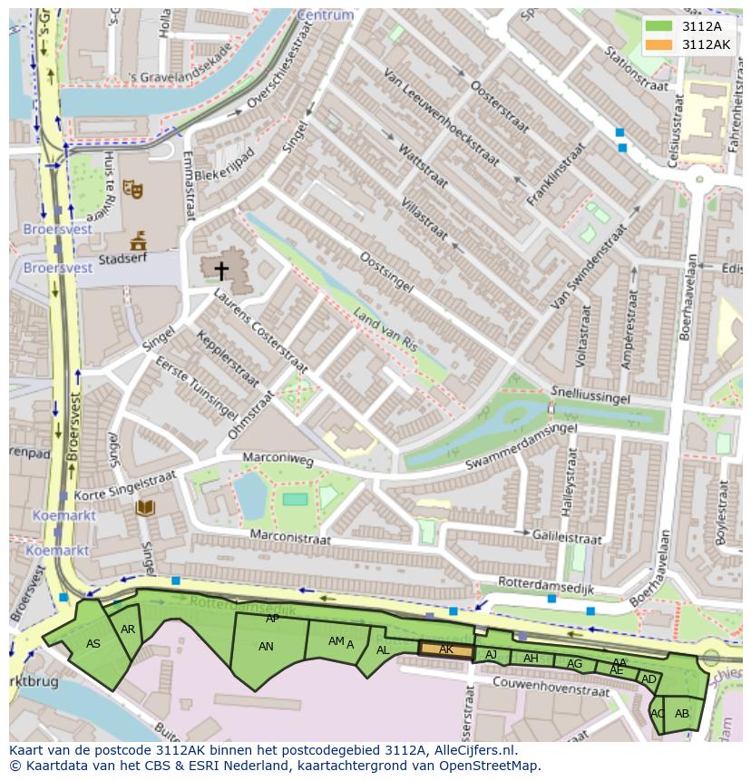 Afbeelding van het postcodegebied 3112 AK op de kaart.