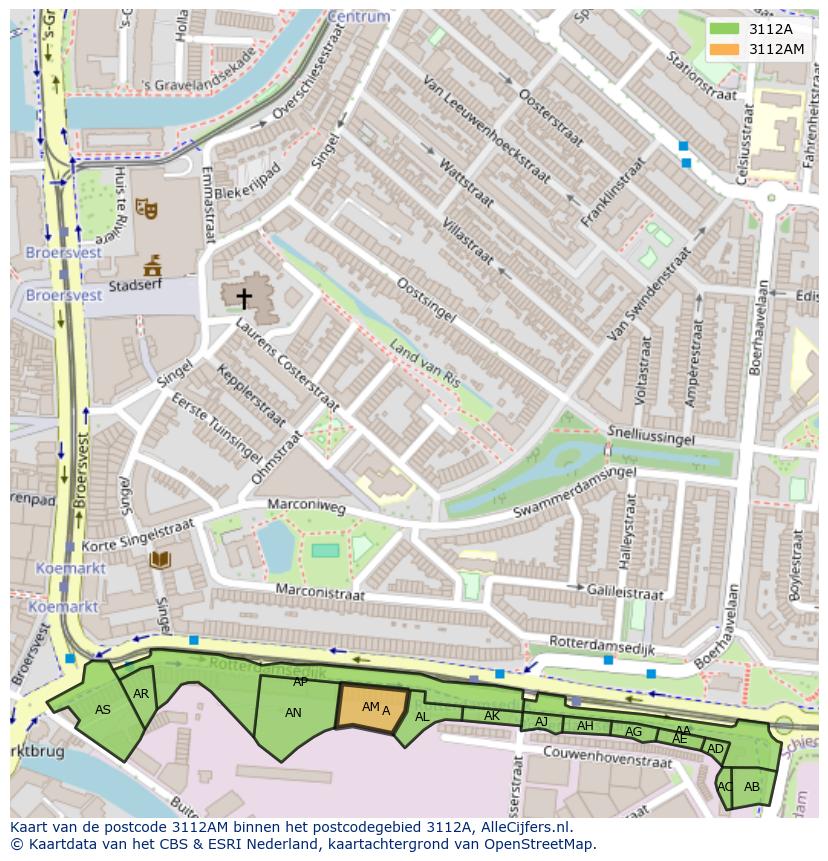 Afbeelding van het postcodegebied 3112 AM op de kaart.