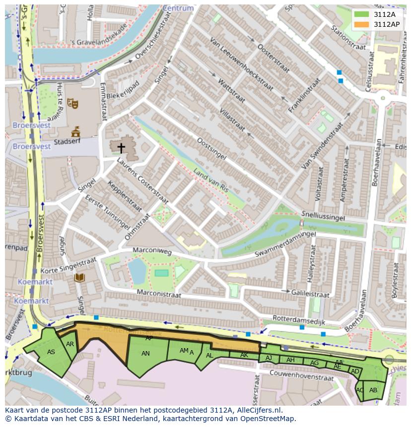 Afbeelding van het postcodegebied 3112 AP op de kaart.