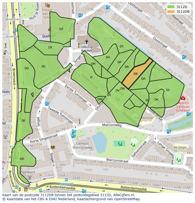 Afbeelding van het postcodegebied 3112 DB op de kaart.