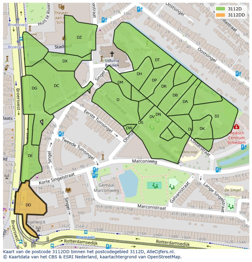 Afbeelding van het postcodegebied 3112 DD op de kaart.