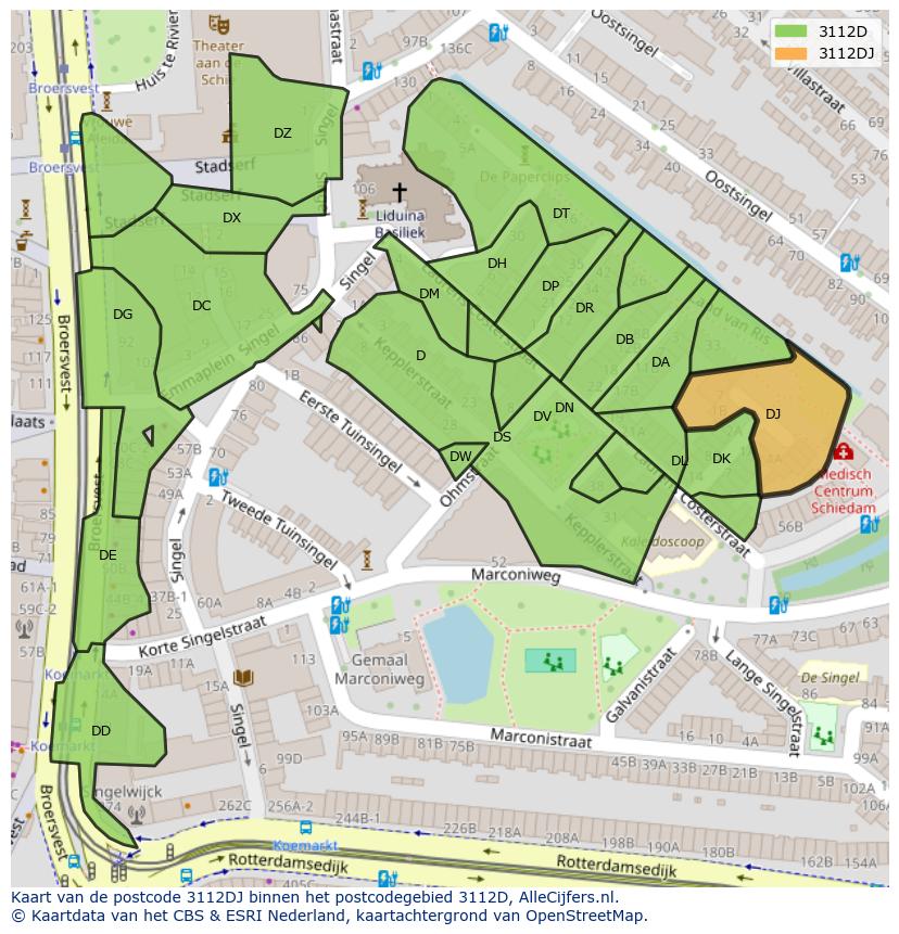 Afbeelding van het postcodegebied 3112 DJ op de kaart.
