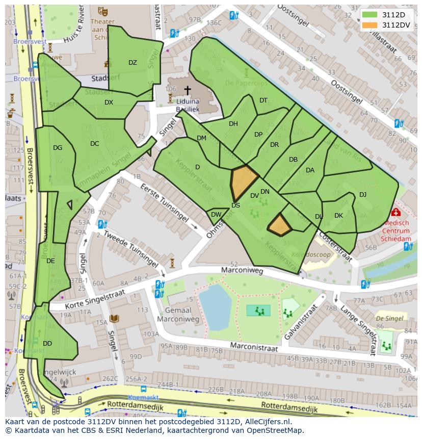 Afbeelding van het postcodegebied 3112 DV op de kaart.