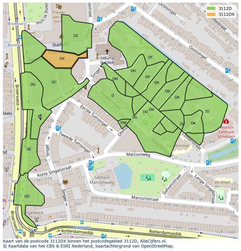 Afbeelding van het postcodegebied 3112 DX op de kaart.