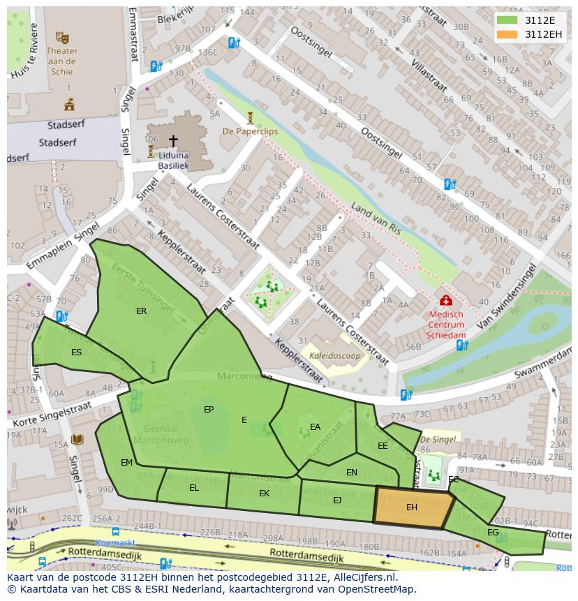 Afbeelding van het postcodegebied 3112 EH op de kaart.