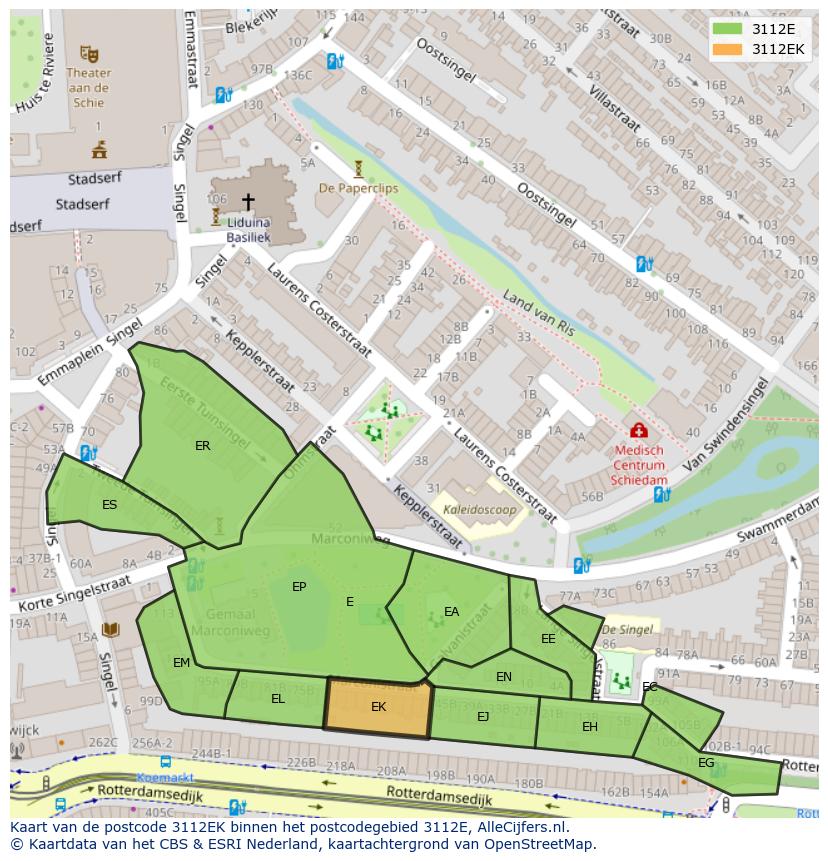 Afbeelding van het postcodegebied 3112 EK op de kaart.