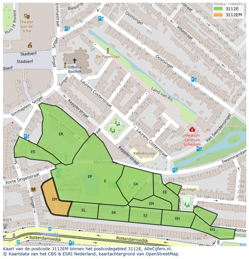 Afbeelding van het postcodegebied 3112 EM op de kaart.