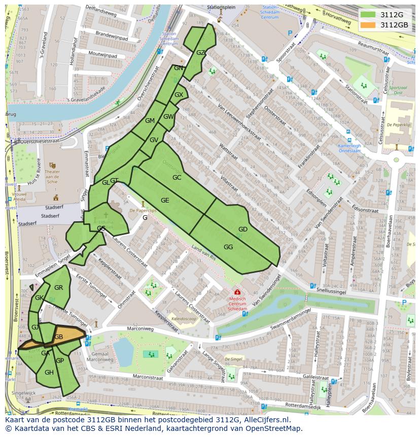 Afbeelding van het postcodegebied 3112 GB op de kaart.