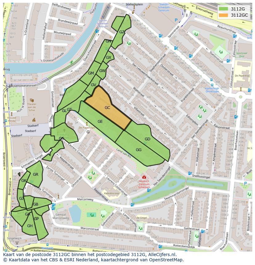 Afbeelding van het postcodegebied 3112 GC op de kaart.