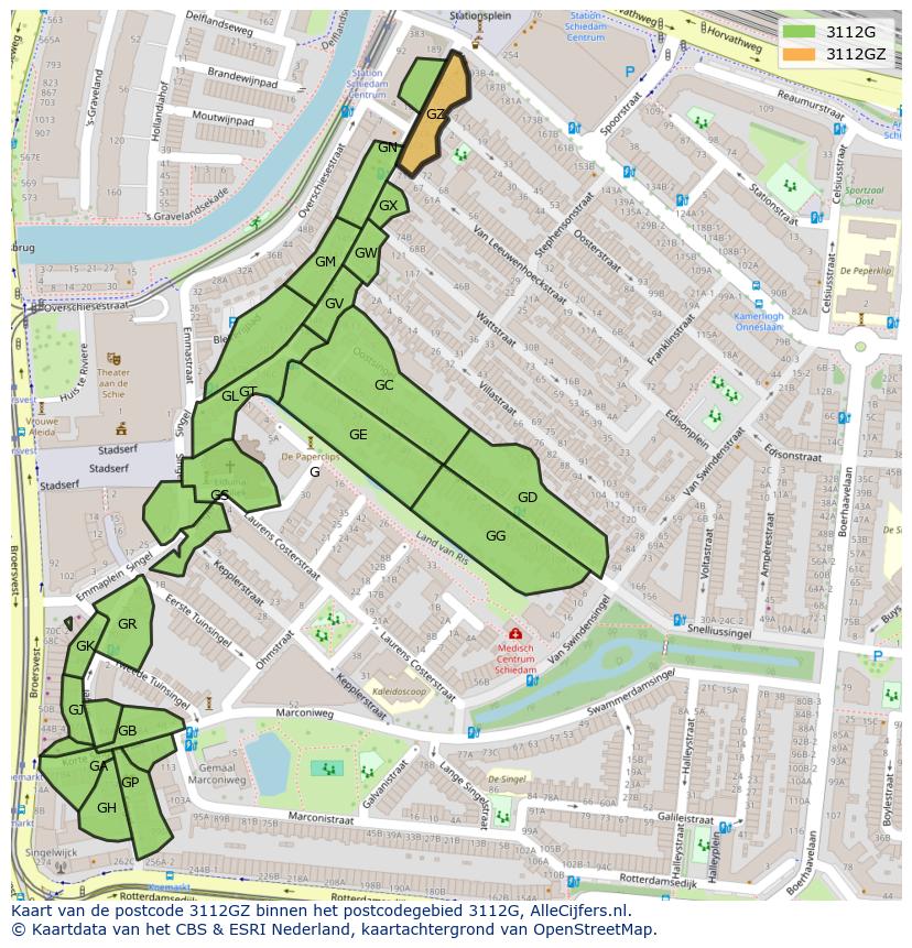 Afbeelding van het postcodegebied 3112 GZ op de kaart.