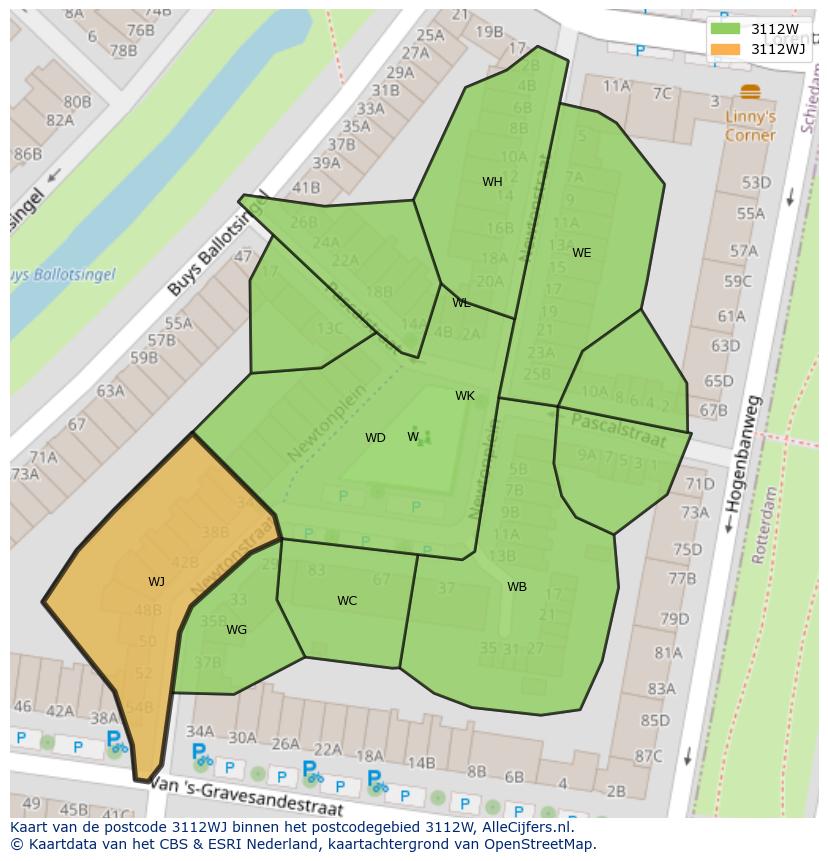 Afbeelding van het postcodegebied 3112 WJ op de kaart.