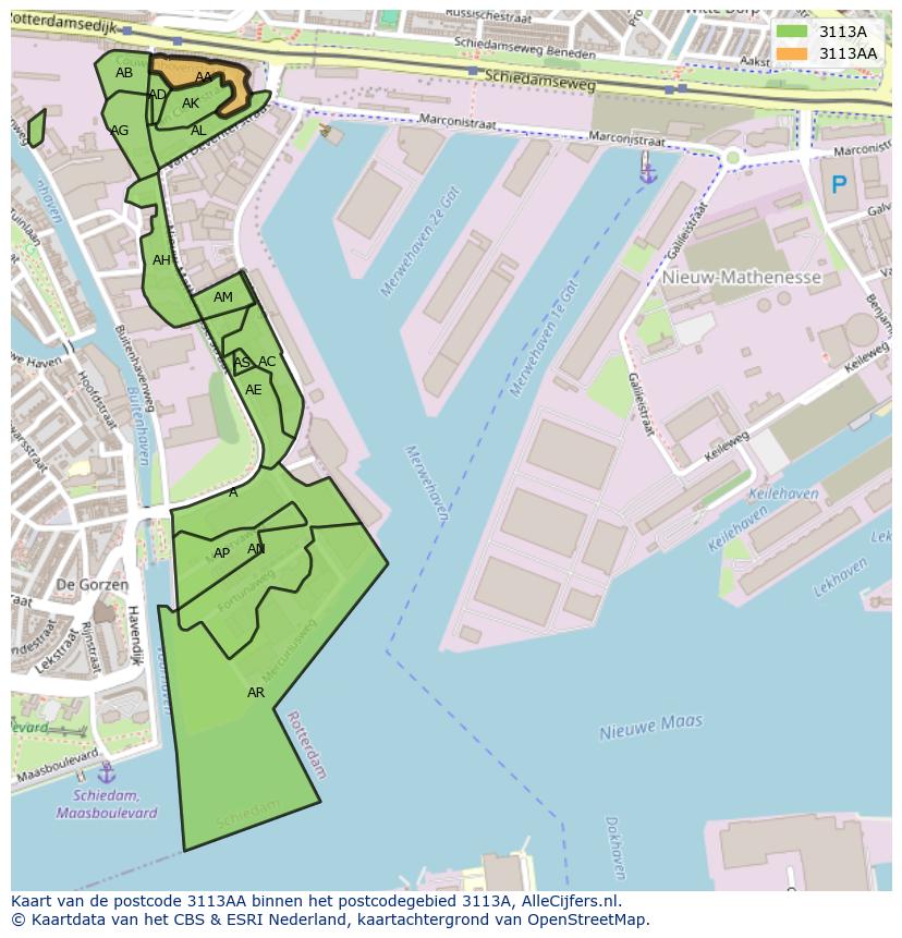Afbeelding van het postcodegebied 3113 AA op de kaart.