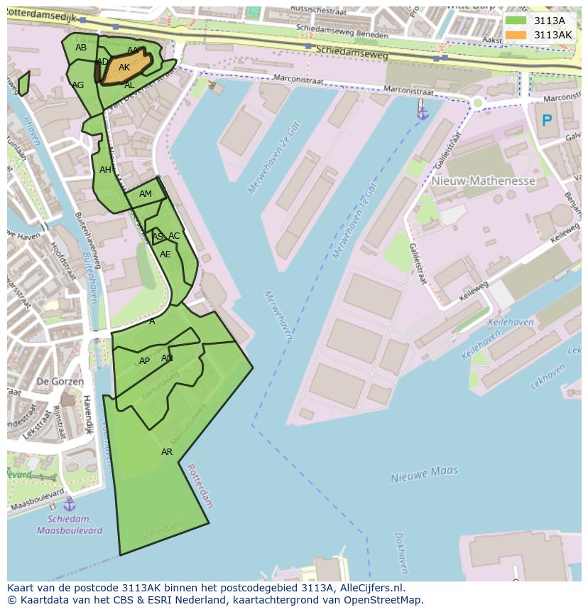 Afbeelding van het postcodegebied 3113 AK op de kaart.