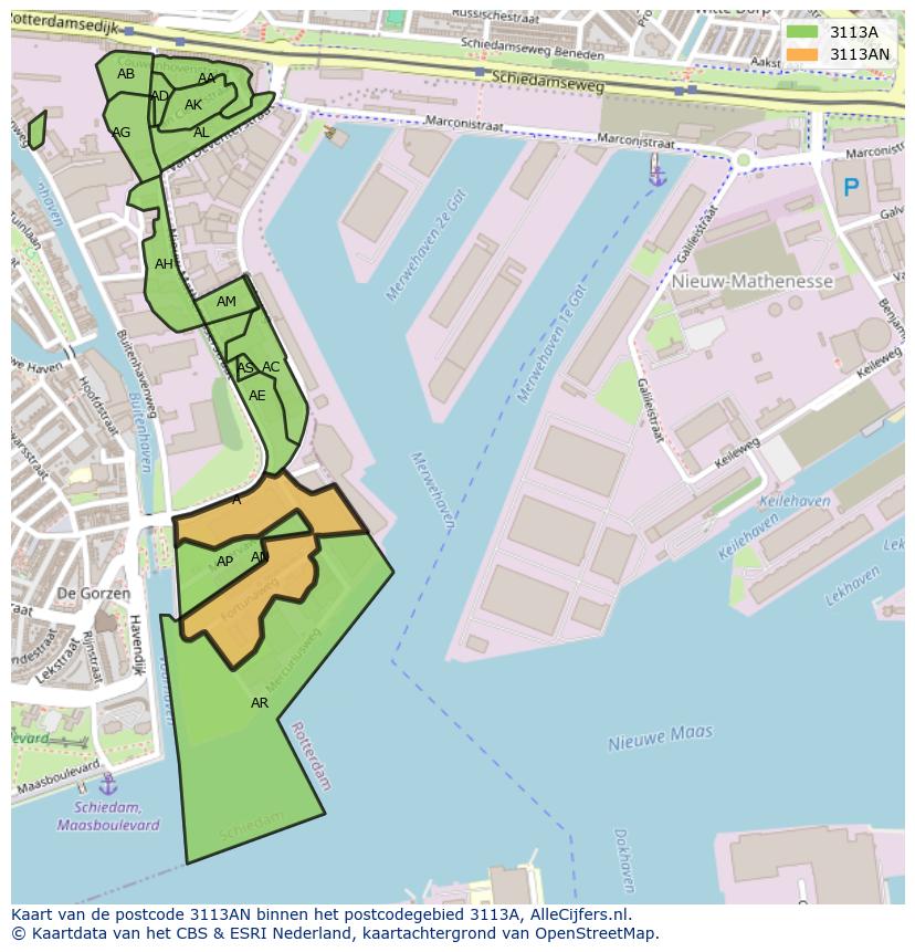 Afbeelding van het postcodegebied 3113 AN op de kaart.