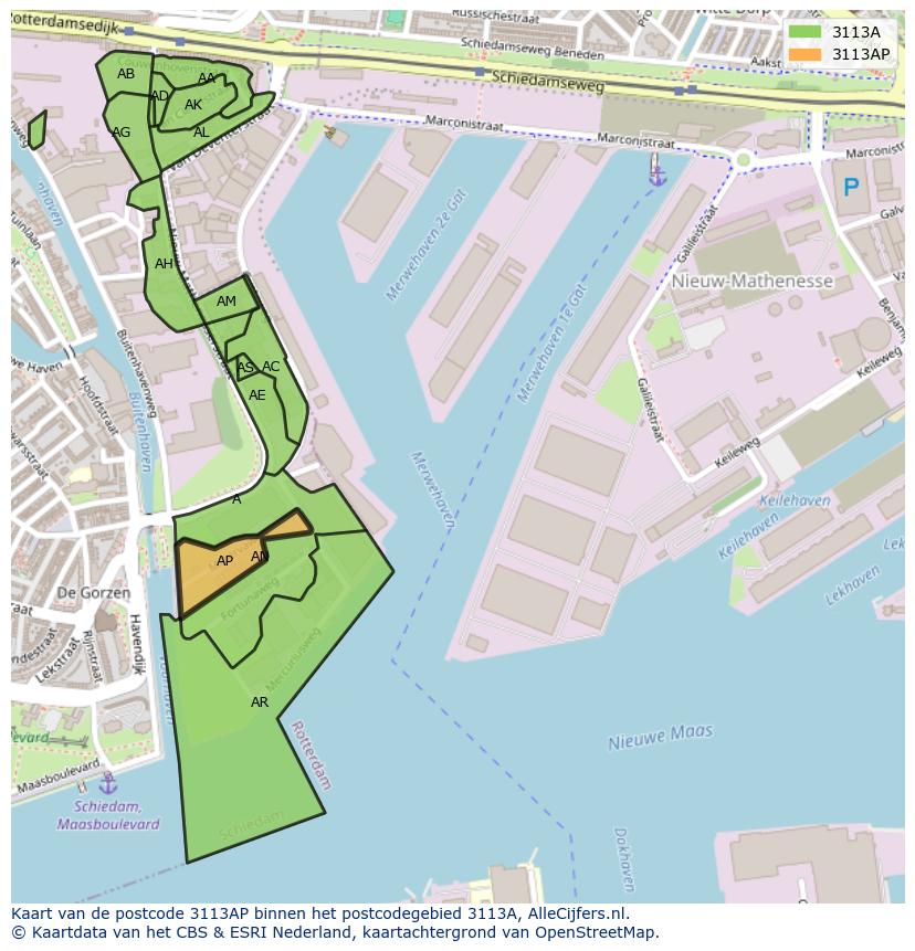 Afbeelding van het postcodegebied 3113 AP op de kaart.