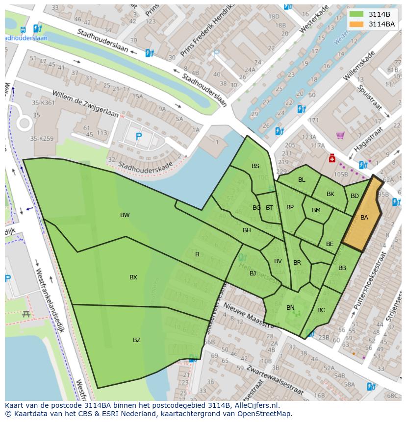 Afbeelding van het postcodegebied 3114 BA op de kaart.