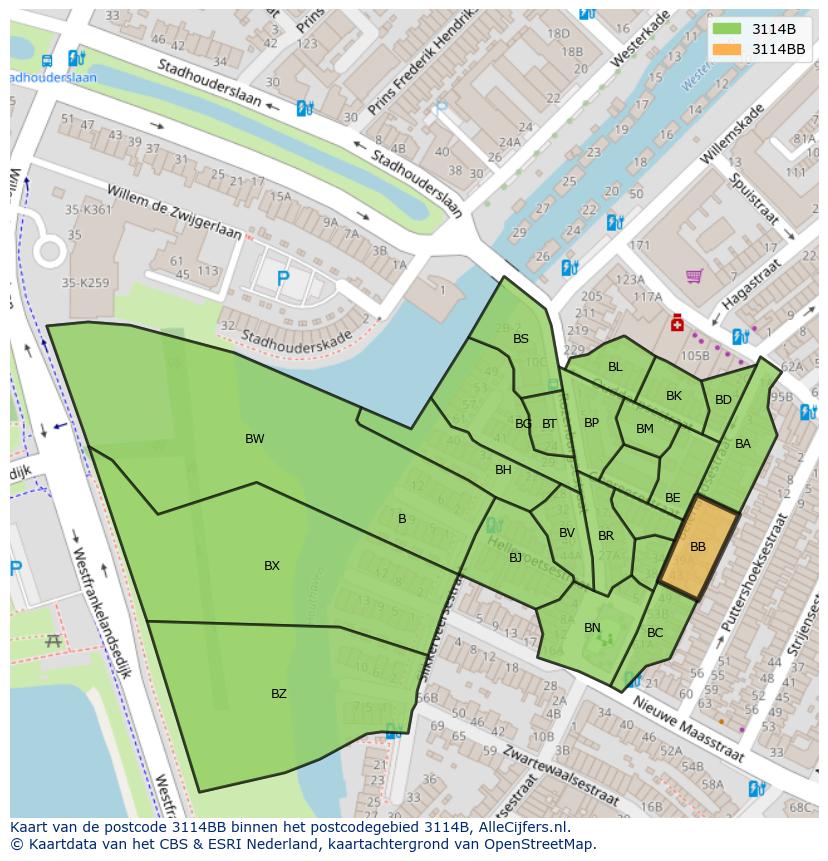 Afbeelding van het postcodegebied 3114 BB op de kaart.