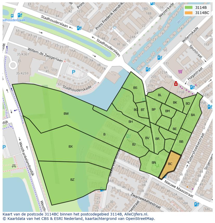 Afbeelding van het postcodegebied 3114 BC op de kaart.