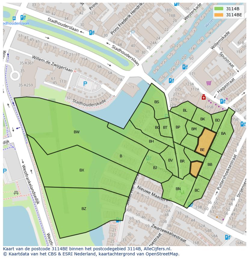 Afbeelding van het postcodegebied 3114 BE op de kaart.