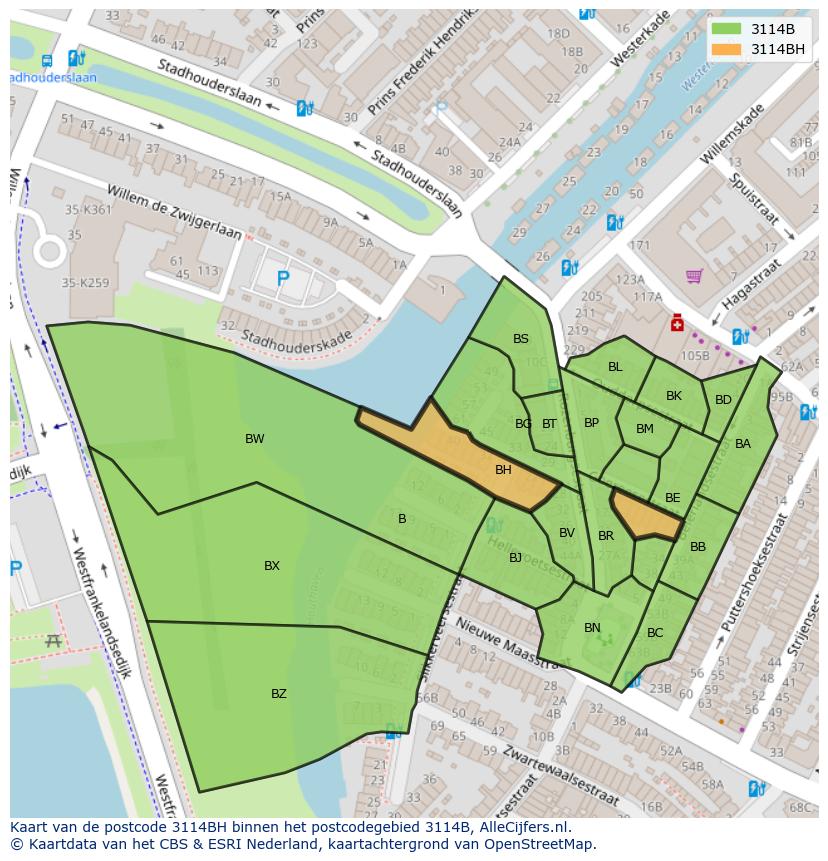 Afbeelding van het postcodegebied 3114 BH op de kaart.