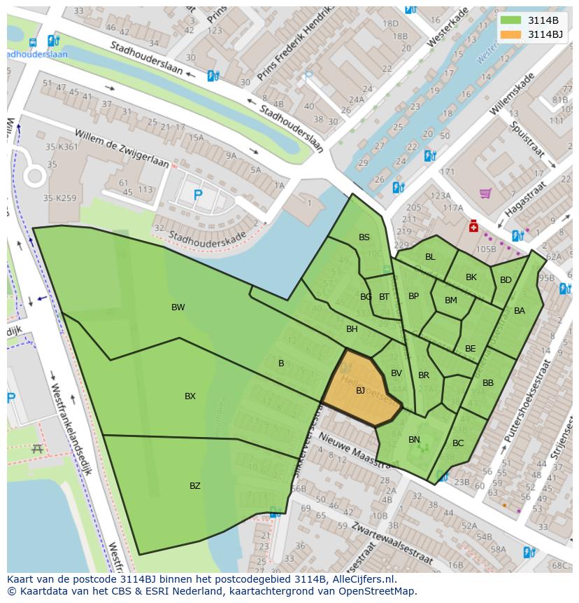 Afbeelding van het postcodegebied 3114 BJ op de kaart.