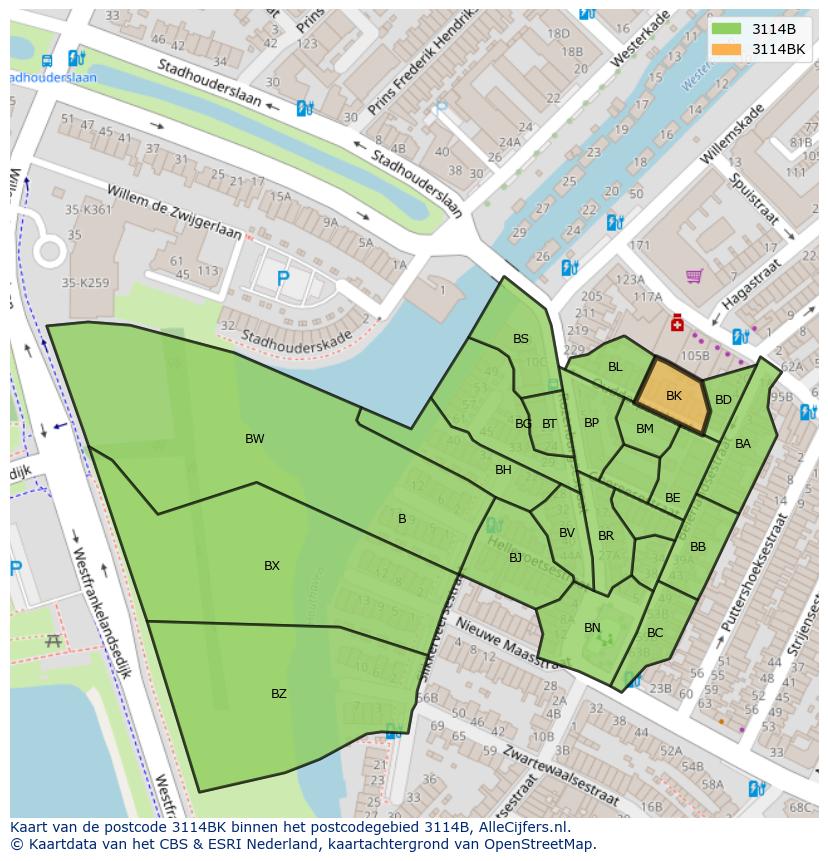 Afbeelding van het postcodegebied 3114 BK op de kaart.