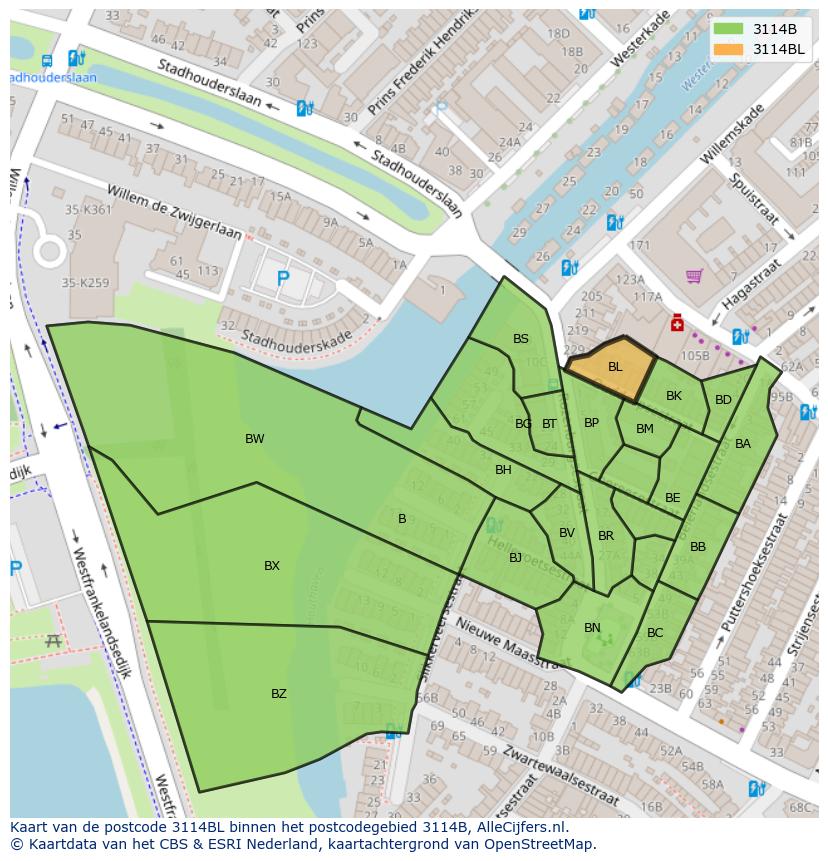 Afbeelding van het postcodegebied 3114 BL op de kaart.