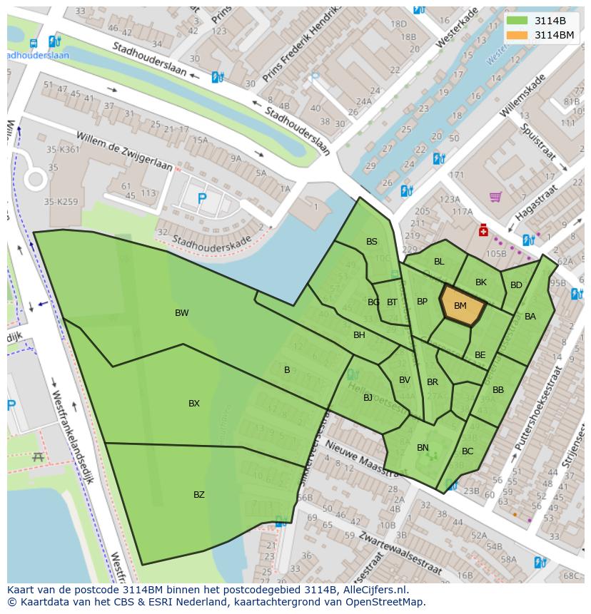 Afbeelding van het postcodegebied 3114 BM op de kaart.