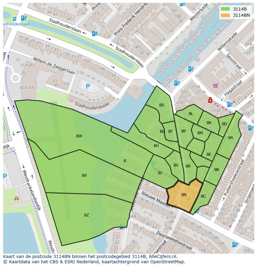 Afbeelding van het postcodegebied 3114 BN op de kaart.