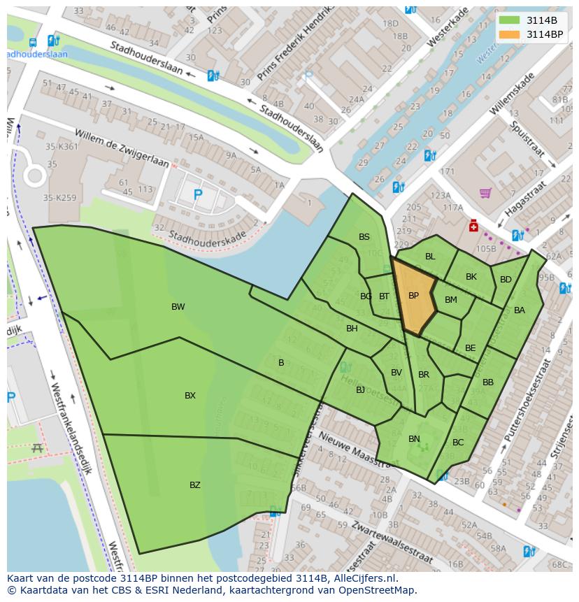 Afbeelding van het postcodegebied 3114 BP op de kaart.