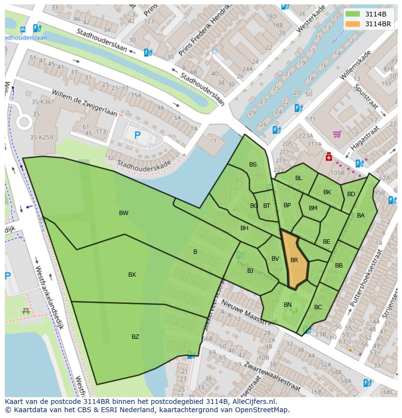 Afbeelding van het postcodegebied 3114 BR op de kaart.