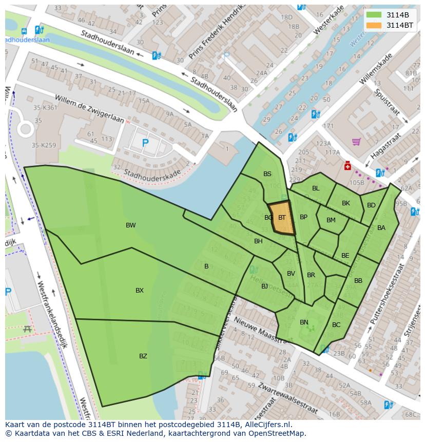 Afbeelding van het postcodegebied 3114 BT op de kaart.