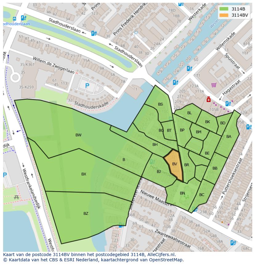 Afbeelding van het postcodegebied 3114 BV op de kaart.