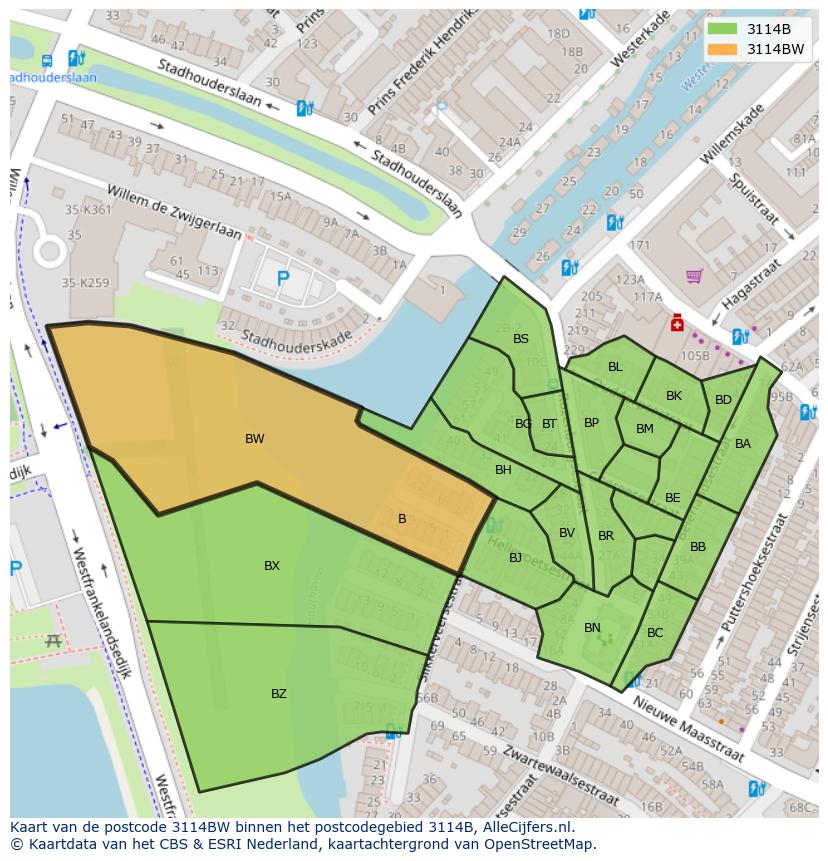 Afbeelding van het postcodegebied 3114 BW op de kaart.