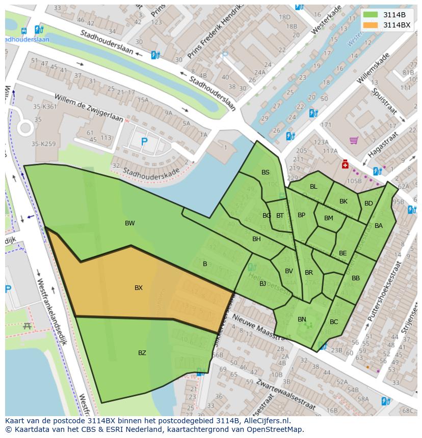 Afbeelding van het postcodegebied 3114 BX op de kaart.