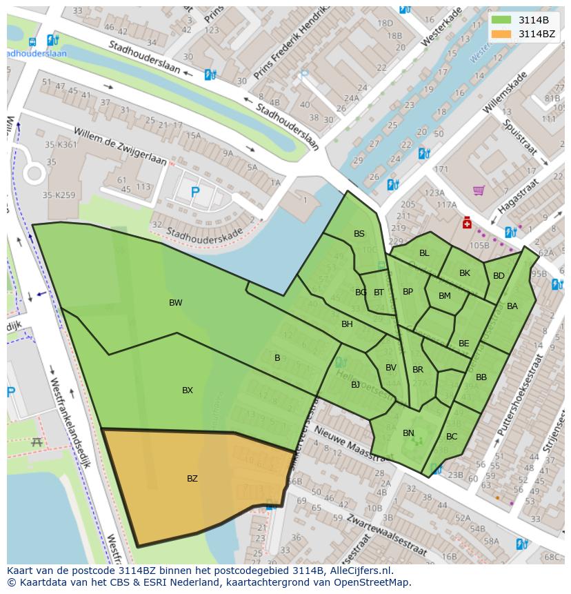 Afbeelding van het postcodegebied 3114 BZ op de kaart.
