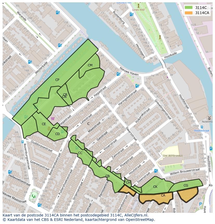 Afbeelding van het postcodegebied 3114 CA op de kaart.