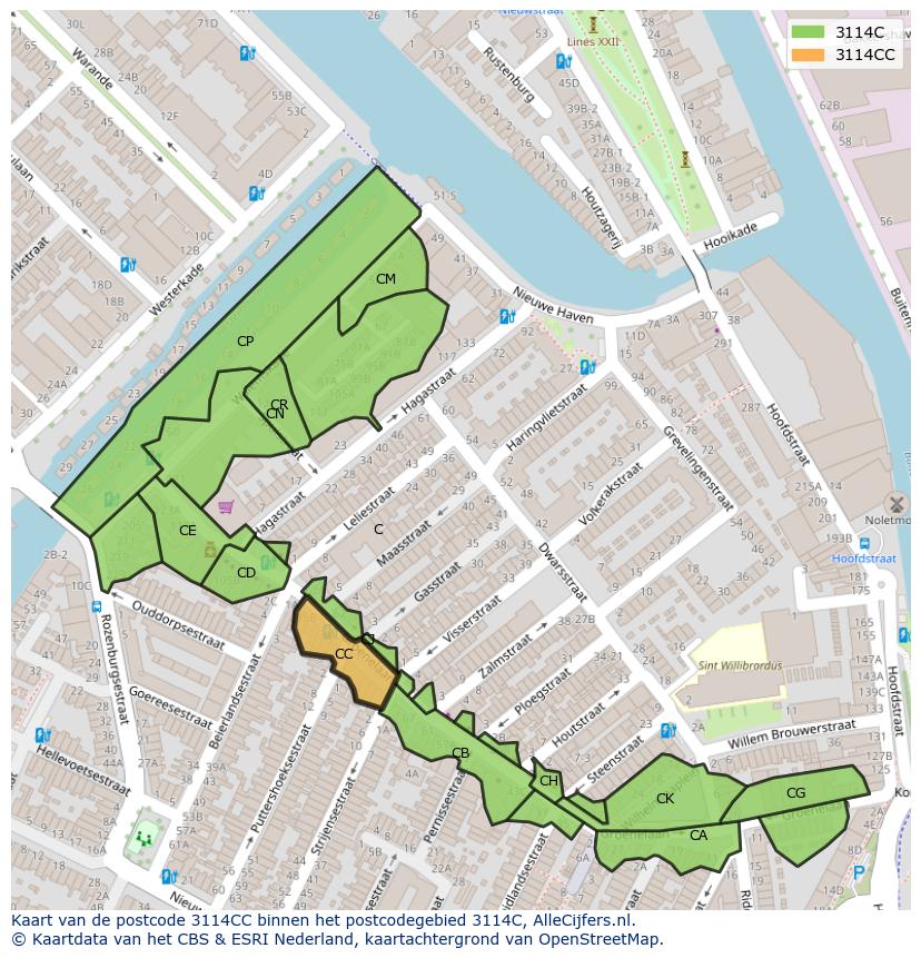 Afbeelding van het postcodegebied 3114 CC op de kaart.