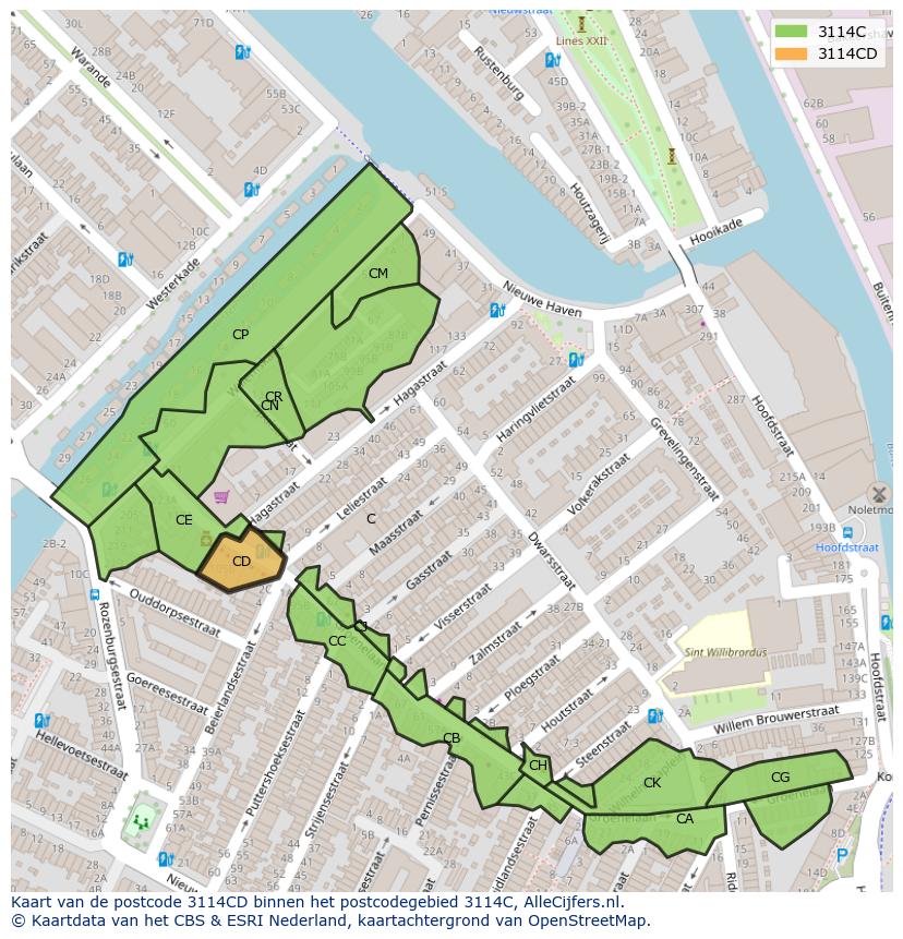 Afbeelding van het postcodegebied 3114 CD op de kaart.