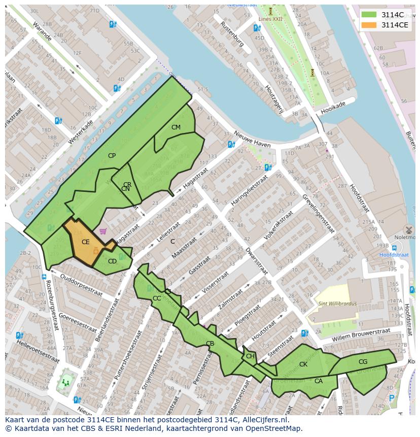 Afbeelding van het postcodegebied 3114 CE op de kaart.