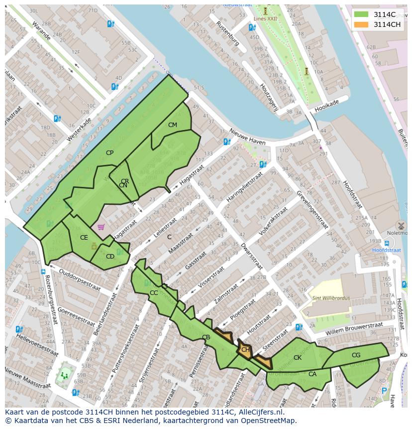 Afbeelding van het postcodegebied 3114 CH op de kaart.