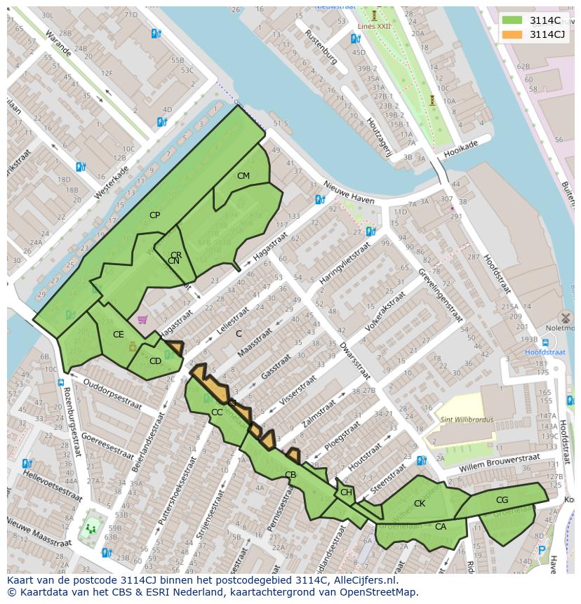 Afbeelding van het postcodegebied 3114 CJ op de kaart.