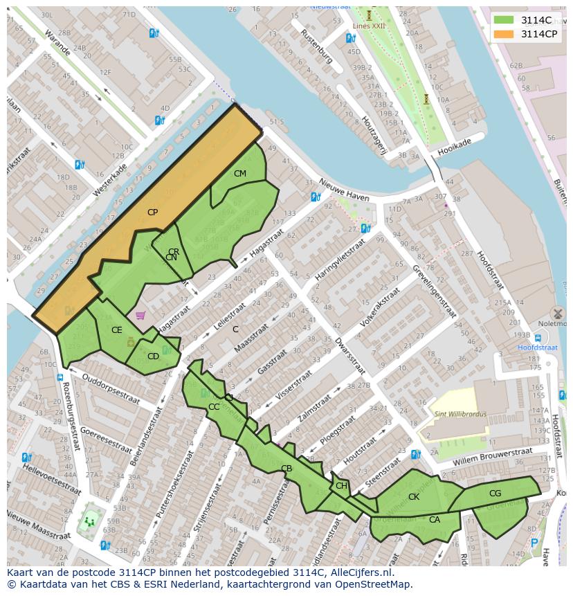 Afbeelding van het postcodegebied 3114 CP op de kaart.