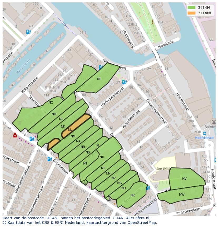 Afbeelding van het postcodegebied 3114 NL op de kaart.